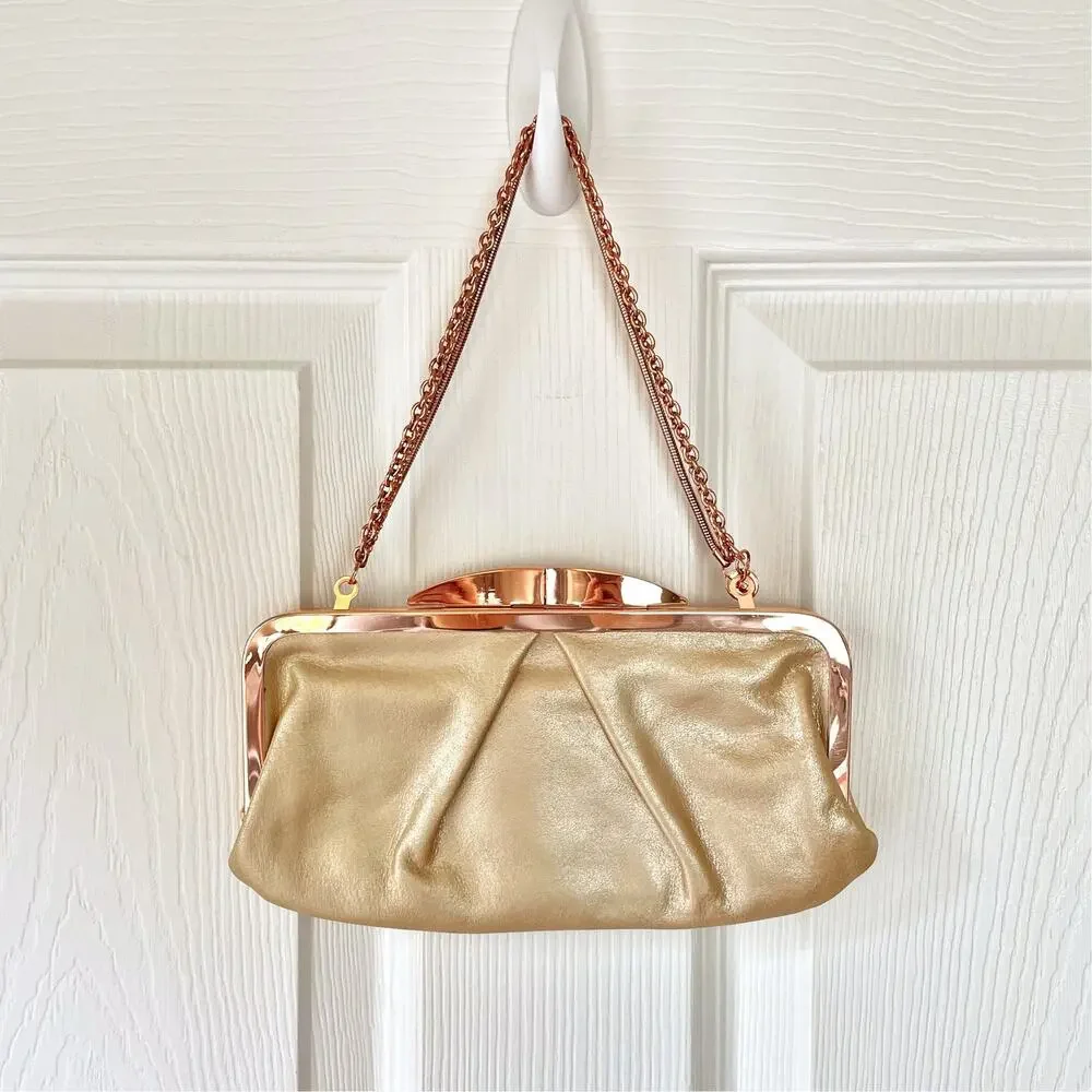 HOBO THE ORIGINAL Hayley Metallic Leather Wallet Clutch Pearl Beige w/ Rose Gold